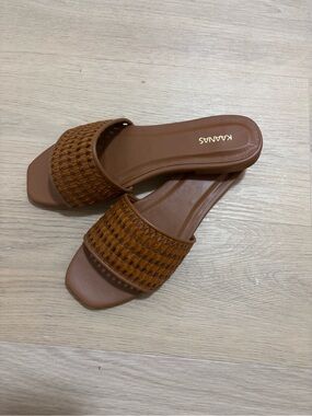Kaanas Tan Woven Slide Sandals